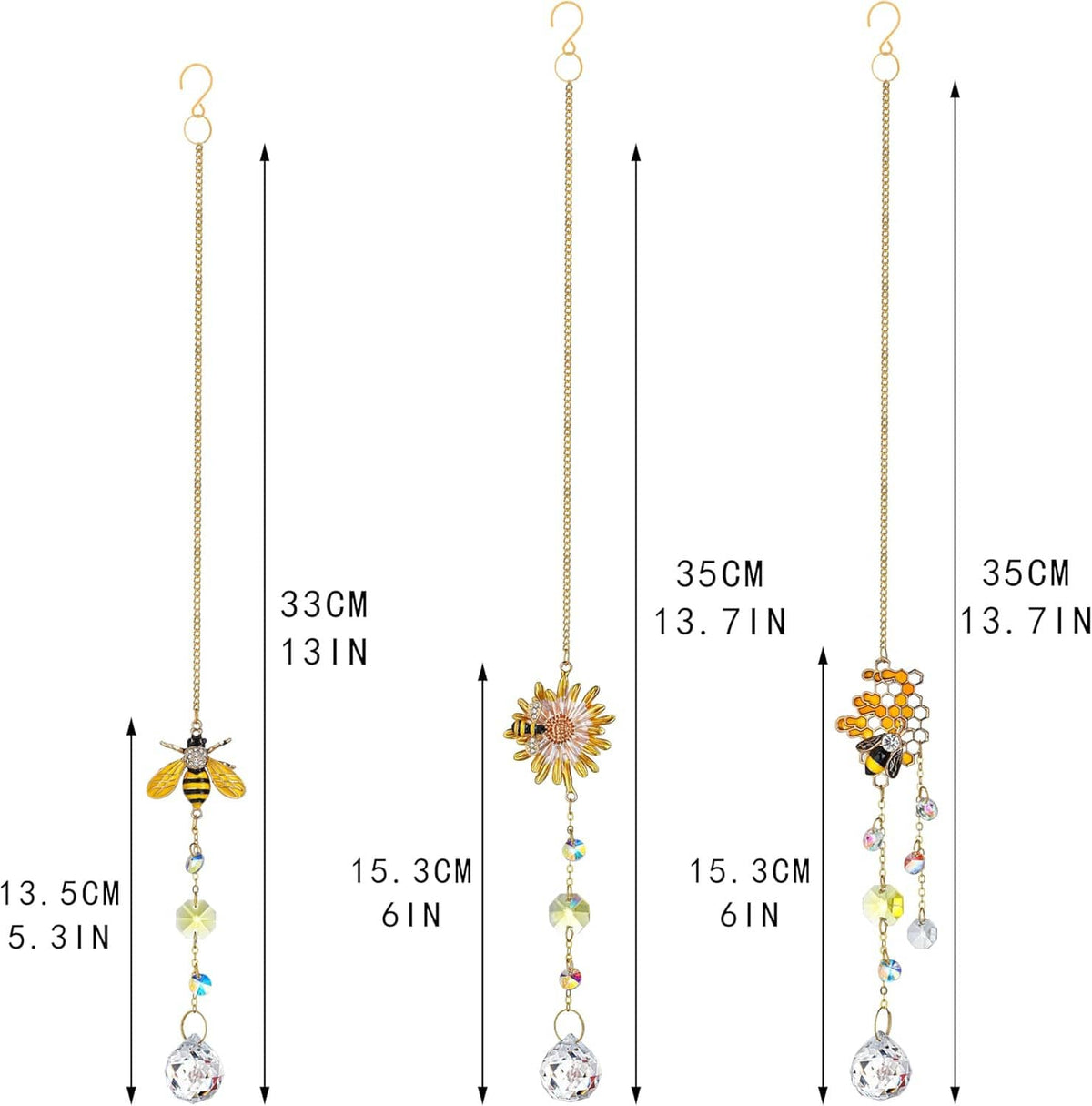 Three gold crystal suncatcher hanging ornaments with bee, flower, and honeycomb designs