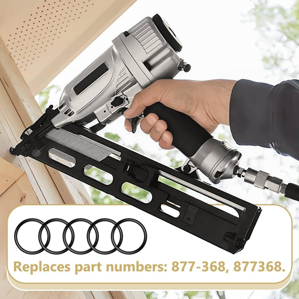 Black piston O-rings shown along nailer with hand holding the tool