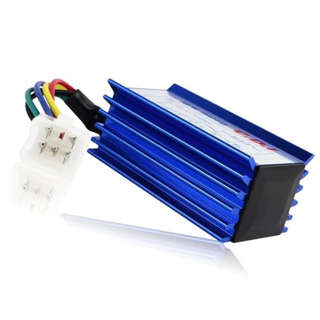 Blue CDI ignition module with wire harness and white connector, black finned side