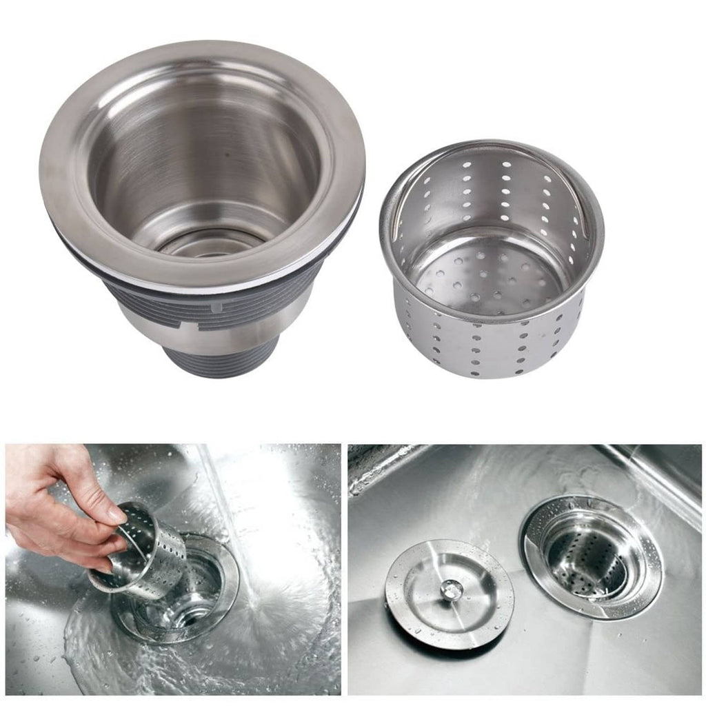Deep sink strainer basket and drain flange with perforated basket insert