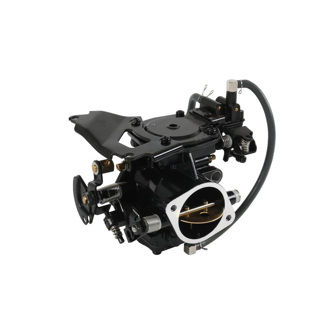 Black carburetor assembly with round throttle body, linkage parts, and fuel line