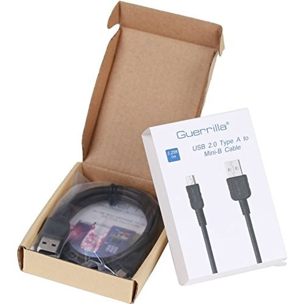 USB 2.0 mini-B cable in retail packaging, black cord with connector ends.