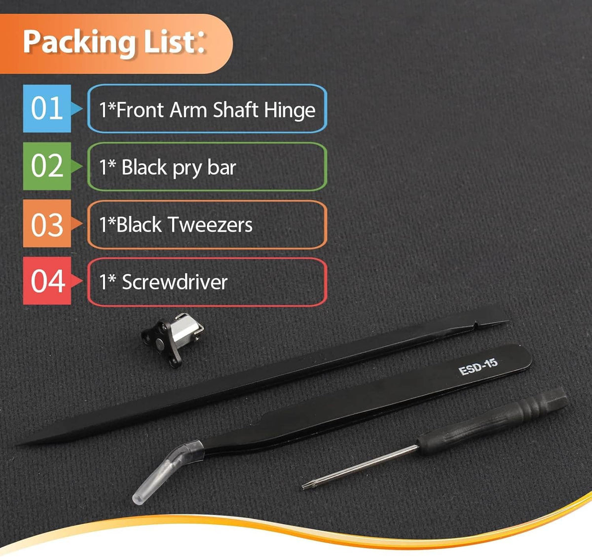 Replacement hinge kit with front arm shaft hinge, pry bar, tweezers, and screwdriver