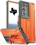 Orange and gray protective phone case with camera cutouts and raised edges