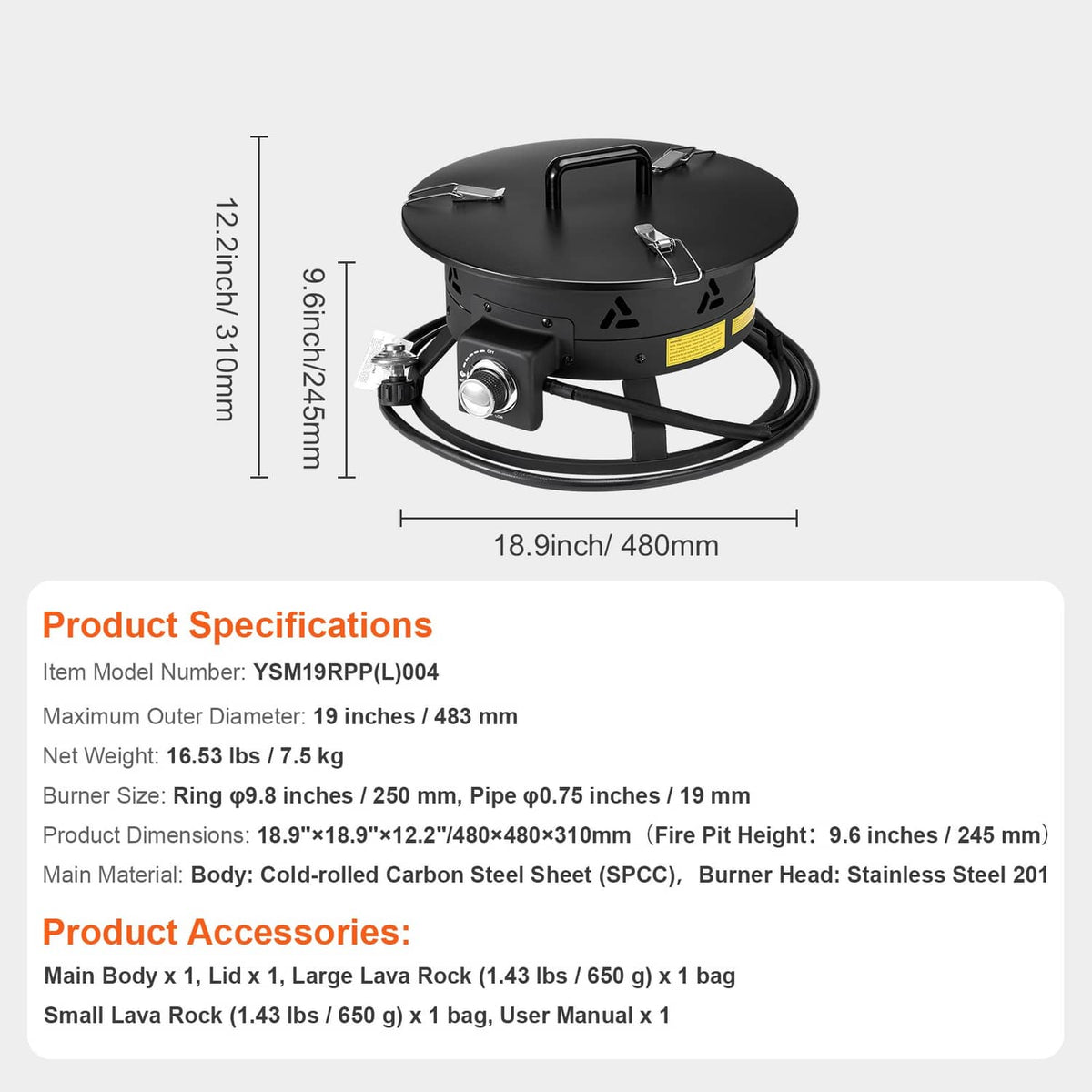 Black propane gas fire pit with lid and burner controls, shown with size measurements