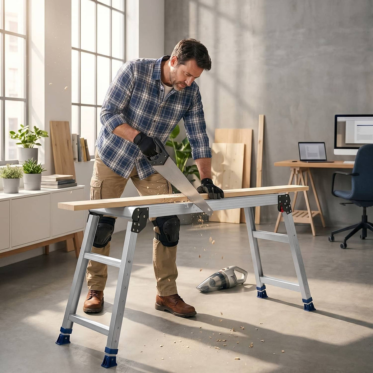 Person using folding work platform stool while working on a wooden surface