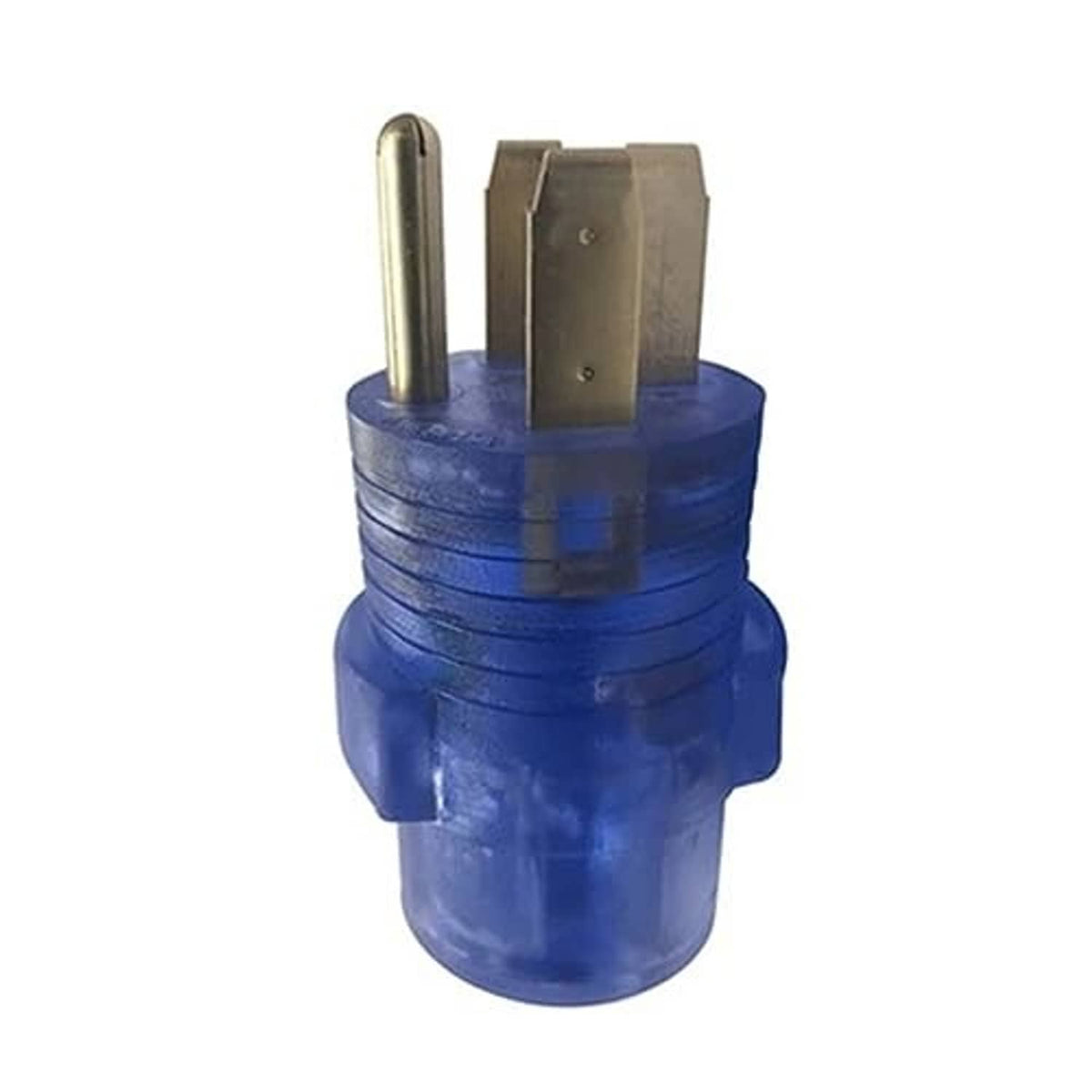 Blue RV power conversion plug with two gold pins and flat blade terminals