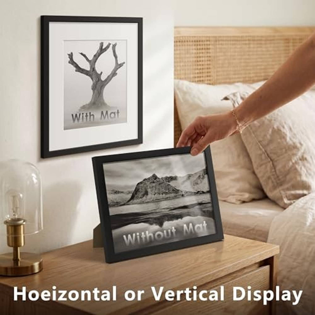 Black picture frame with and without mat, portrait tabletop display.