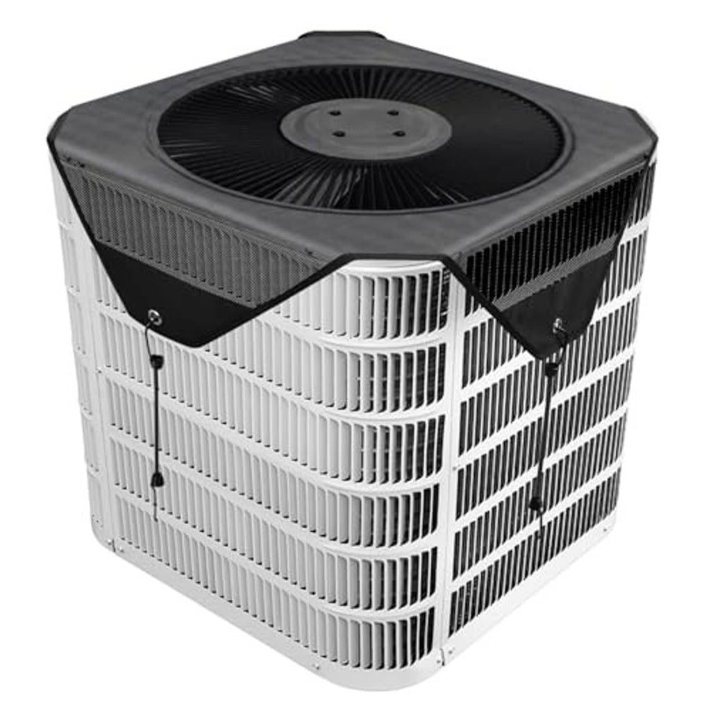 Air conditioner cover with black top and white vented side panels, with fastening straps