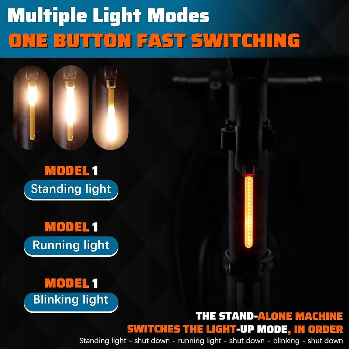LED bike tail light showing multiple light modes: standing, running, blinking