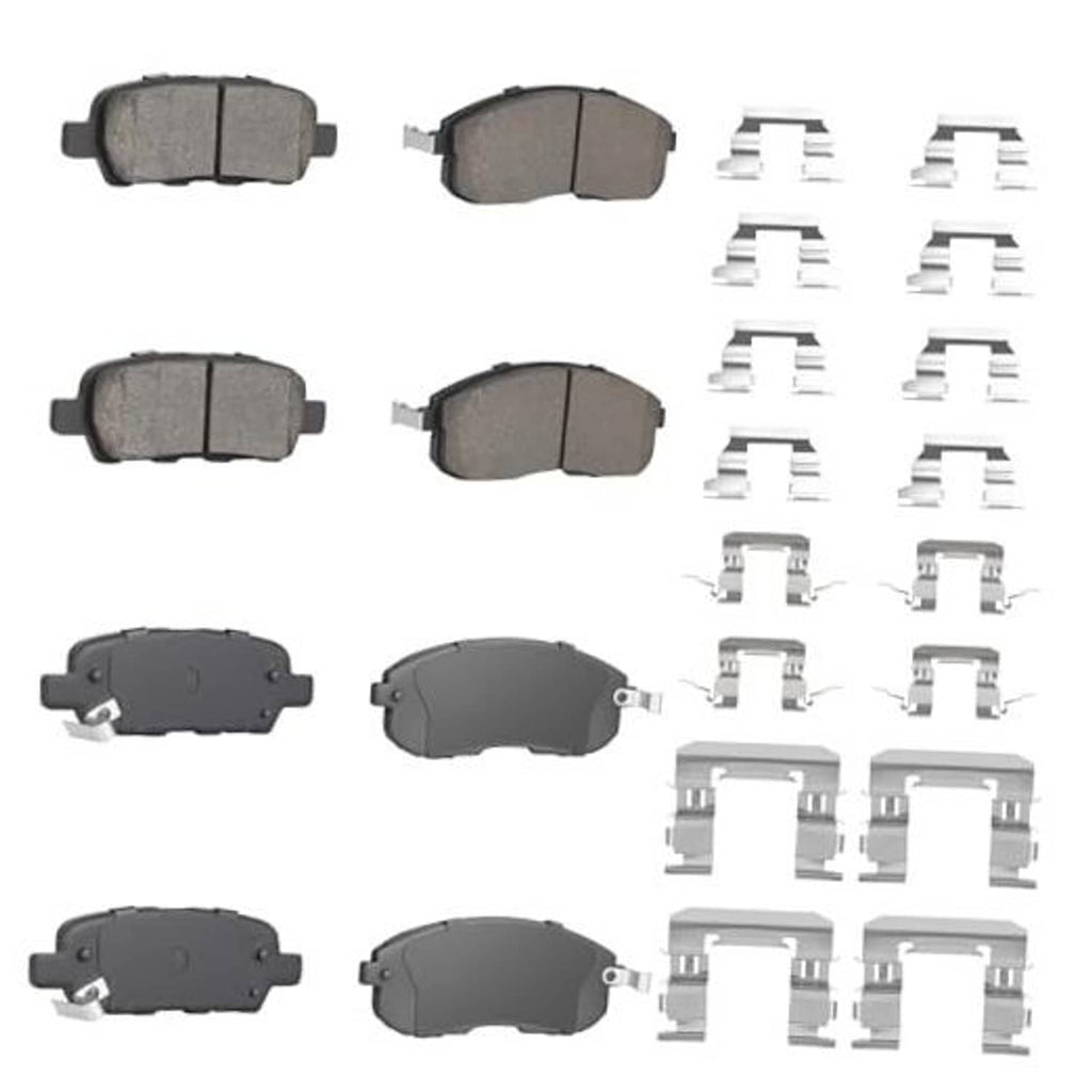 Ceramic front and rear brake pads set with metal hardware, four pad shapes shown