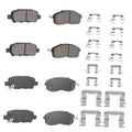 Ceramic front and rear brake pads set with metal hardware, four pad shapes shown