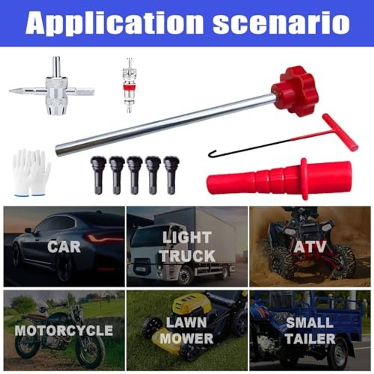 Complete tire valve tool kit with metal remover, red push rod, T-hook, gloves, and valve cores