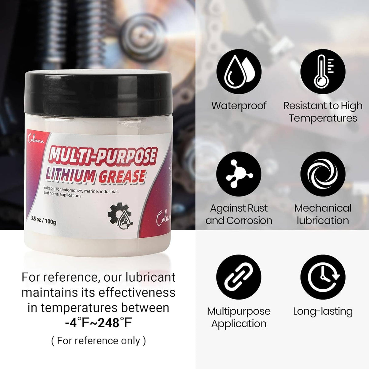 Multi-purpose lithium grease jar with waterproof and temperature resistance icons