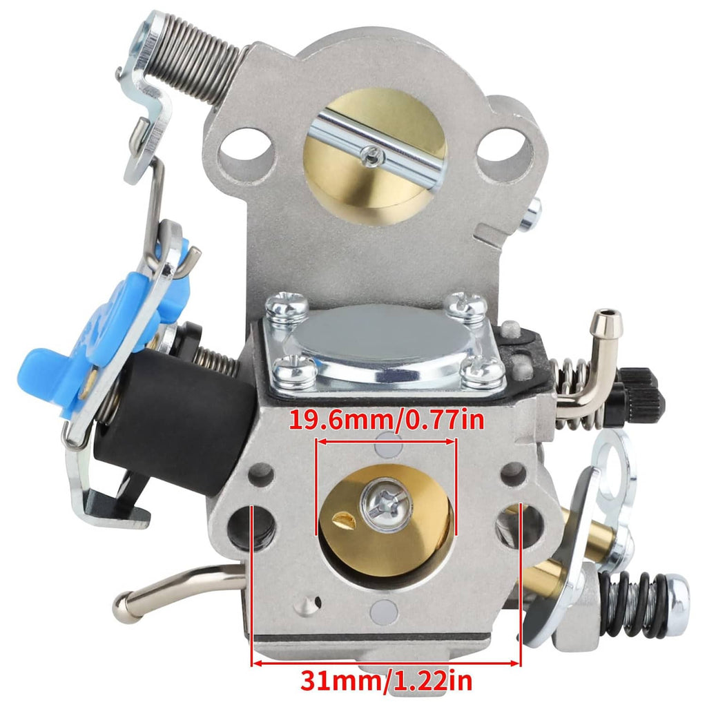 Grey carburetor with gold throttle bore and blue choke lever, close-up