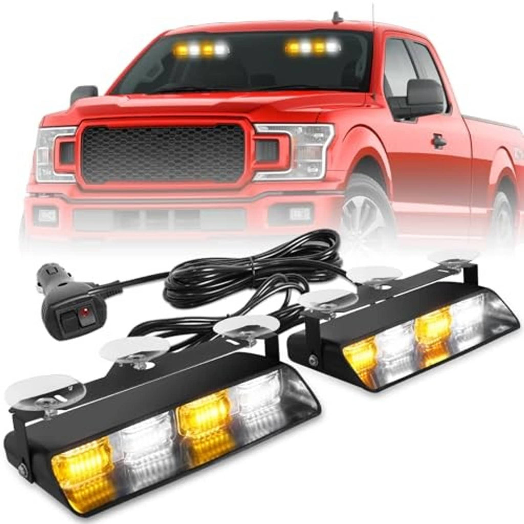 Amber/white strobe light bar with mounting suction cups and wired remote controller