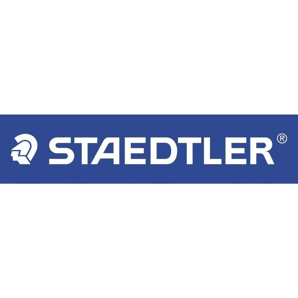 Staedtler logo on stainless pencil sharpener body with blue top