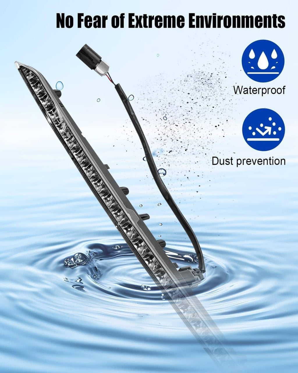 Center LED third brake light bar on wet surface with splashproof design