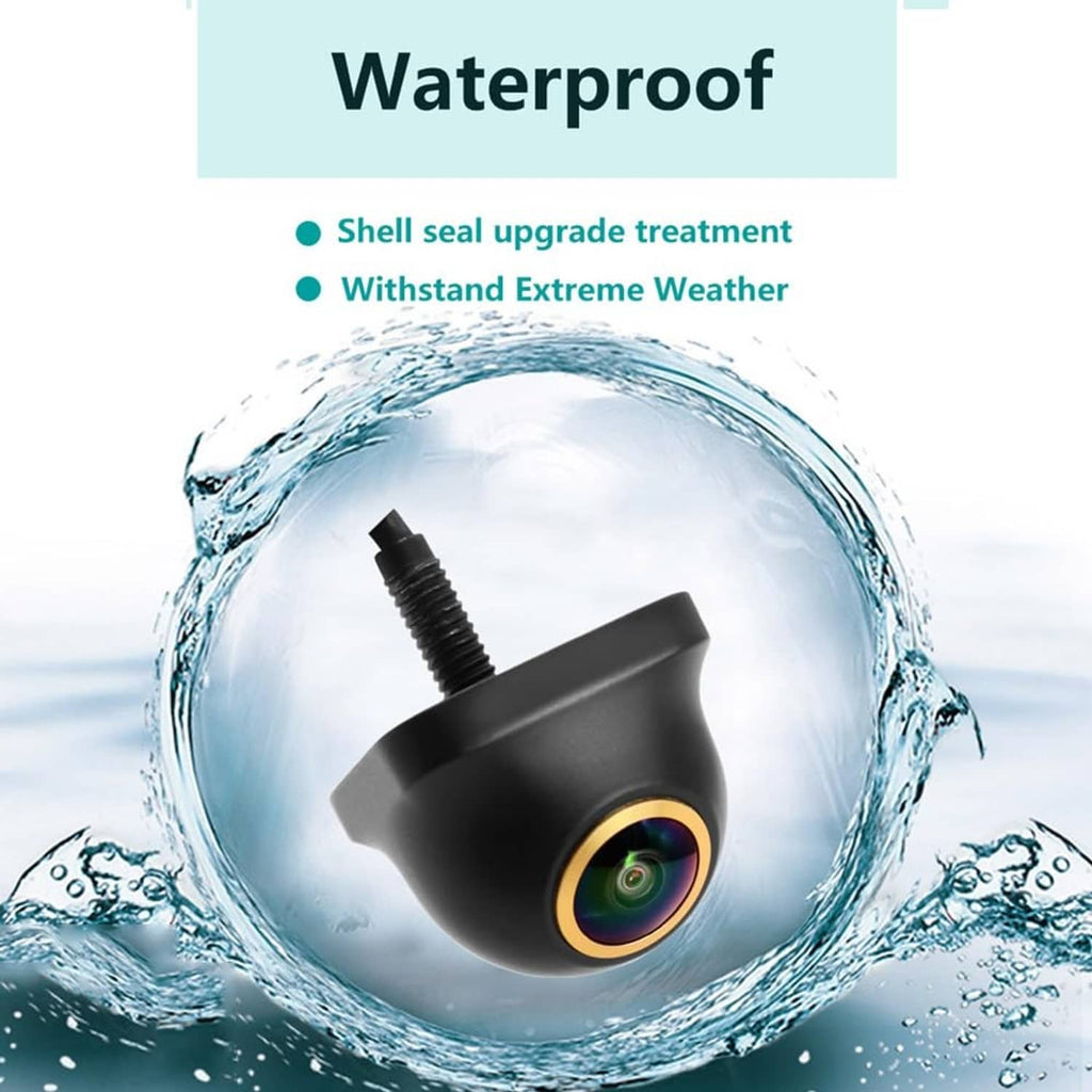 Black dome backup camera with rainbow lens ring shown in waterproof splash graphic