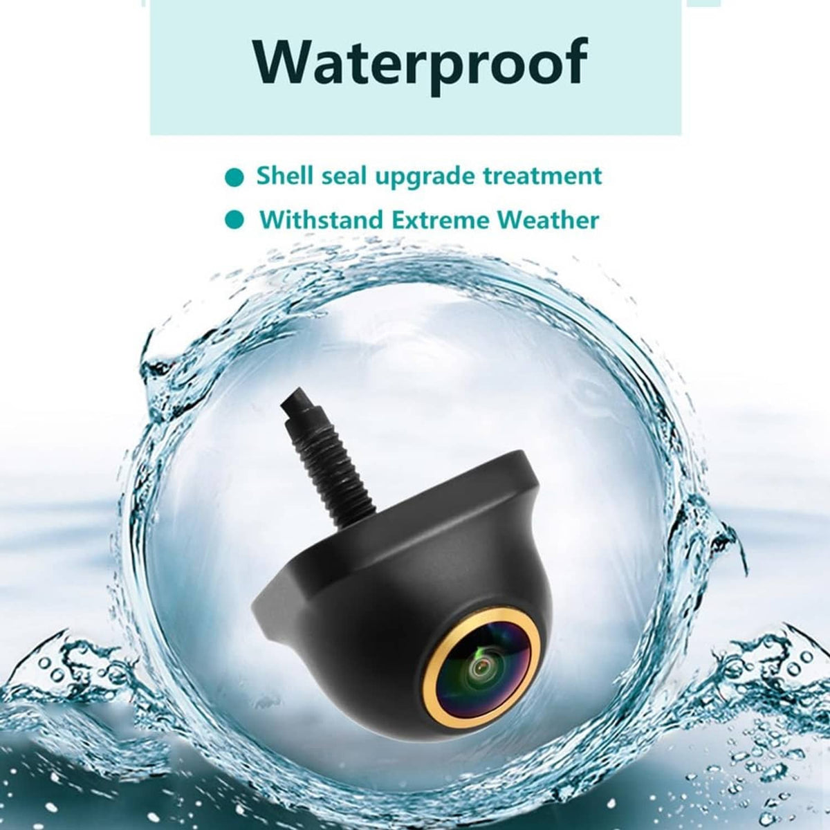 Black dome backup camera with rainbow lens ring shown in waterproof splash graphic