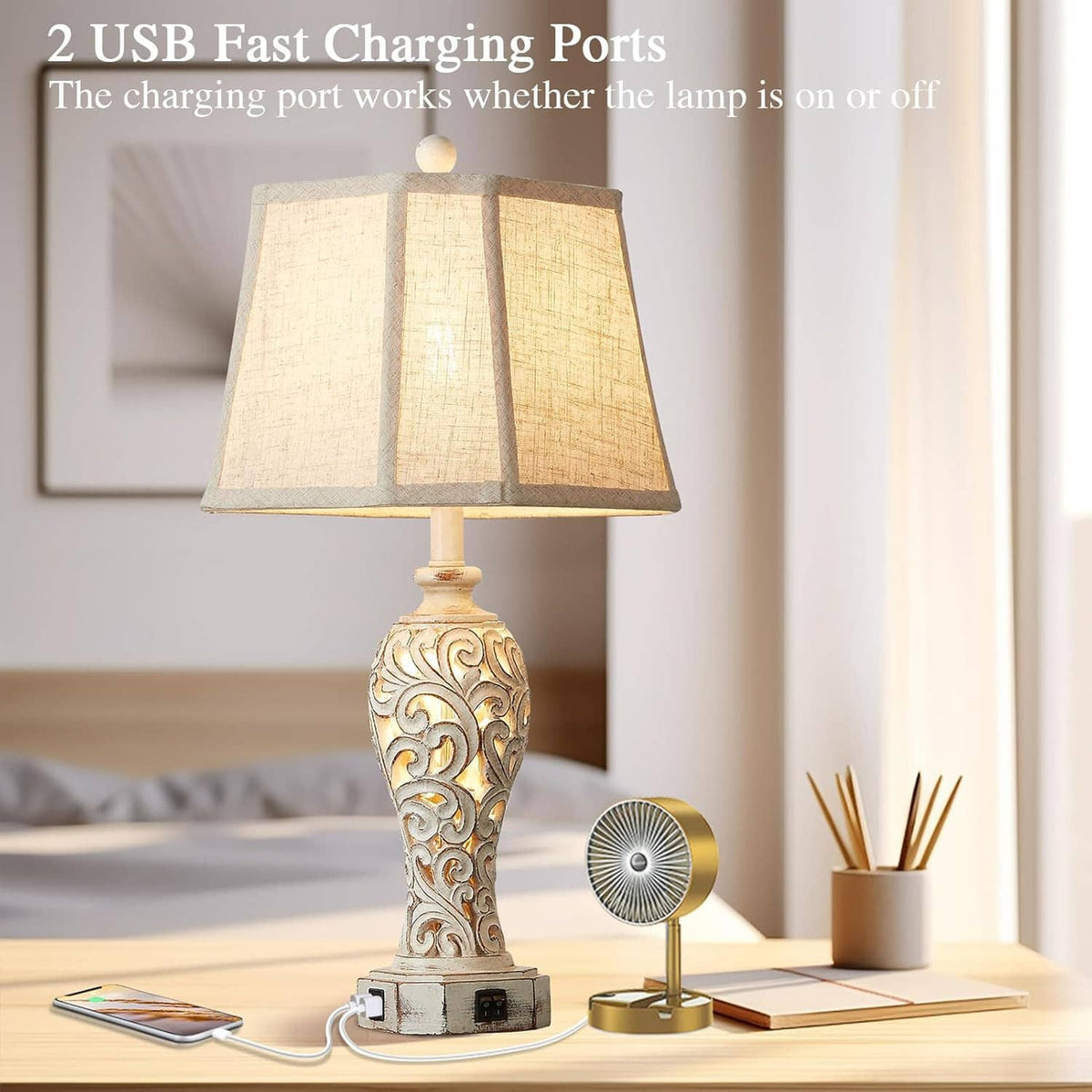 Set of 2 rustic table lamps with beige linen shades and dual USB charging base