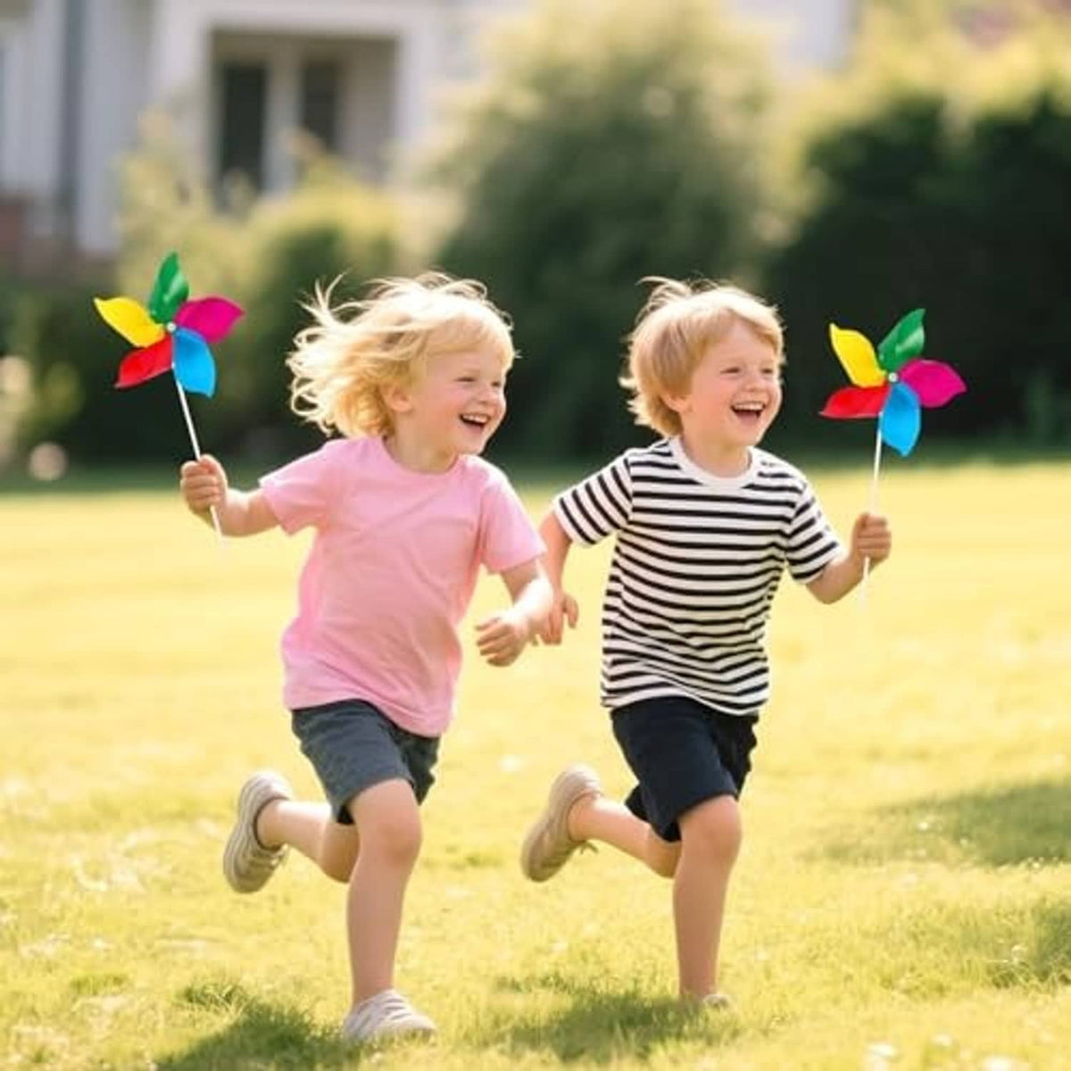 Kids holding rainbow pinwheel wind spinners with multicolor flower blades on white sticks