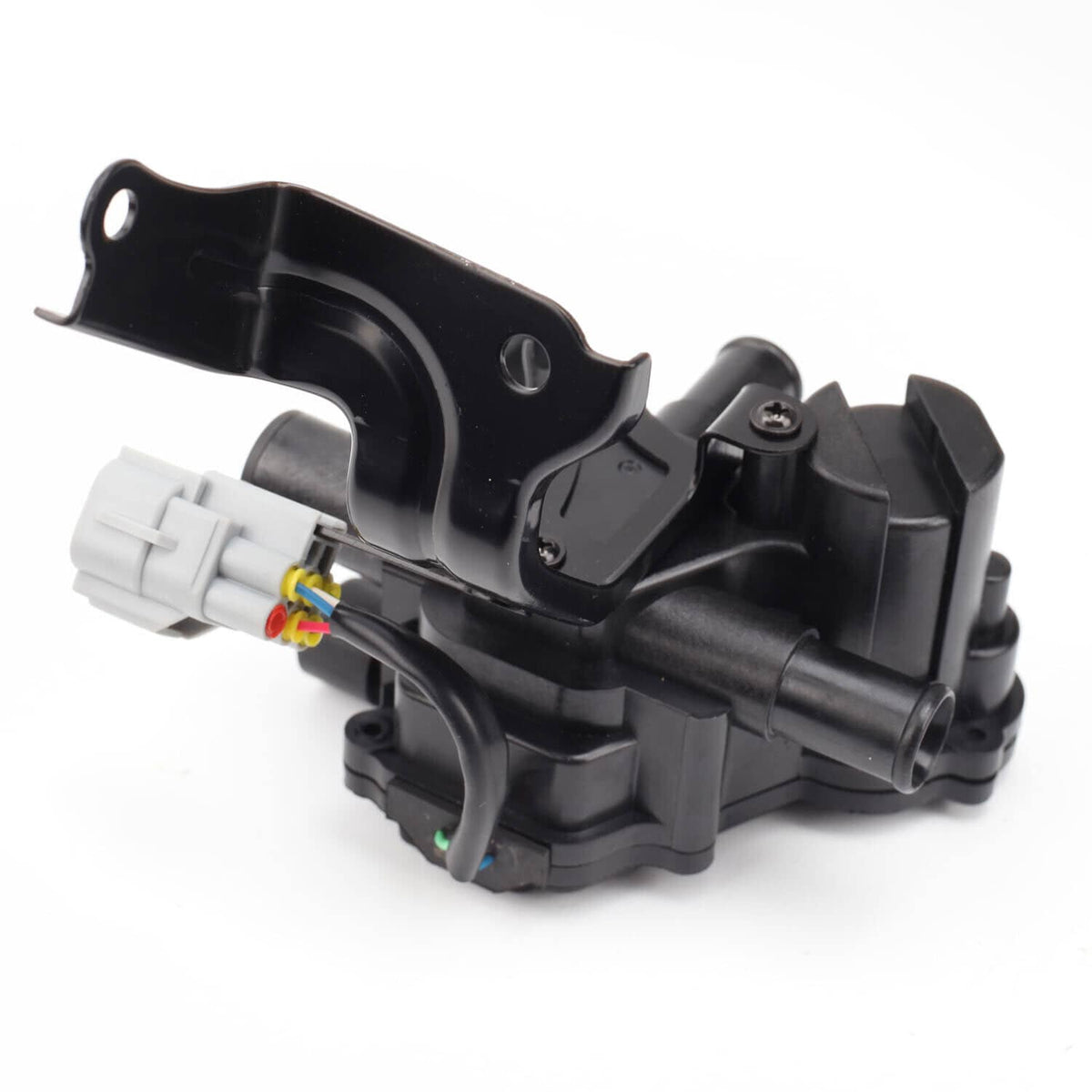 Black heater coolant control valve with white wiring plug and curved mounting bracket
