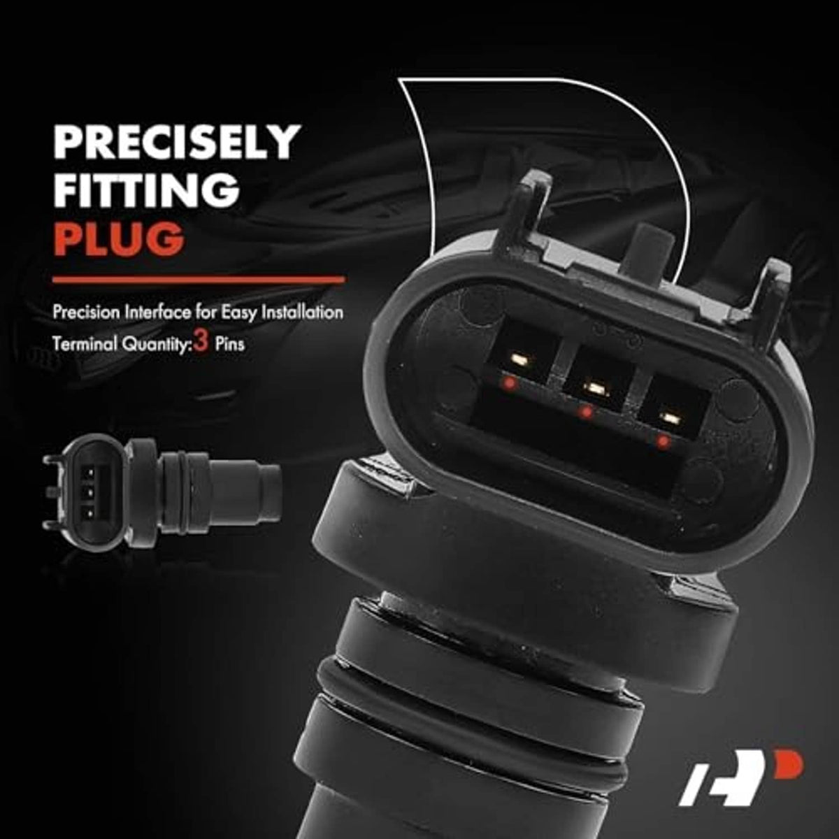 Camshaft position sensor with multi-pin electrical connector, front view close-up