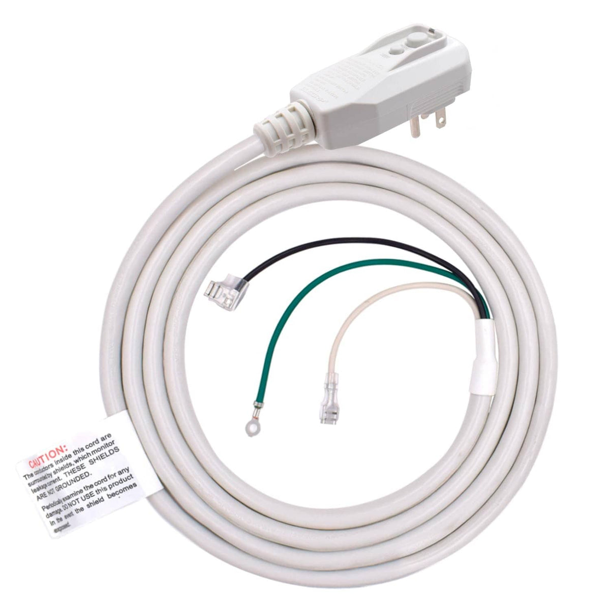 White LCDI power cord with 3-prong grounded plug and insulated wire leads