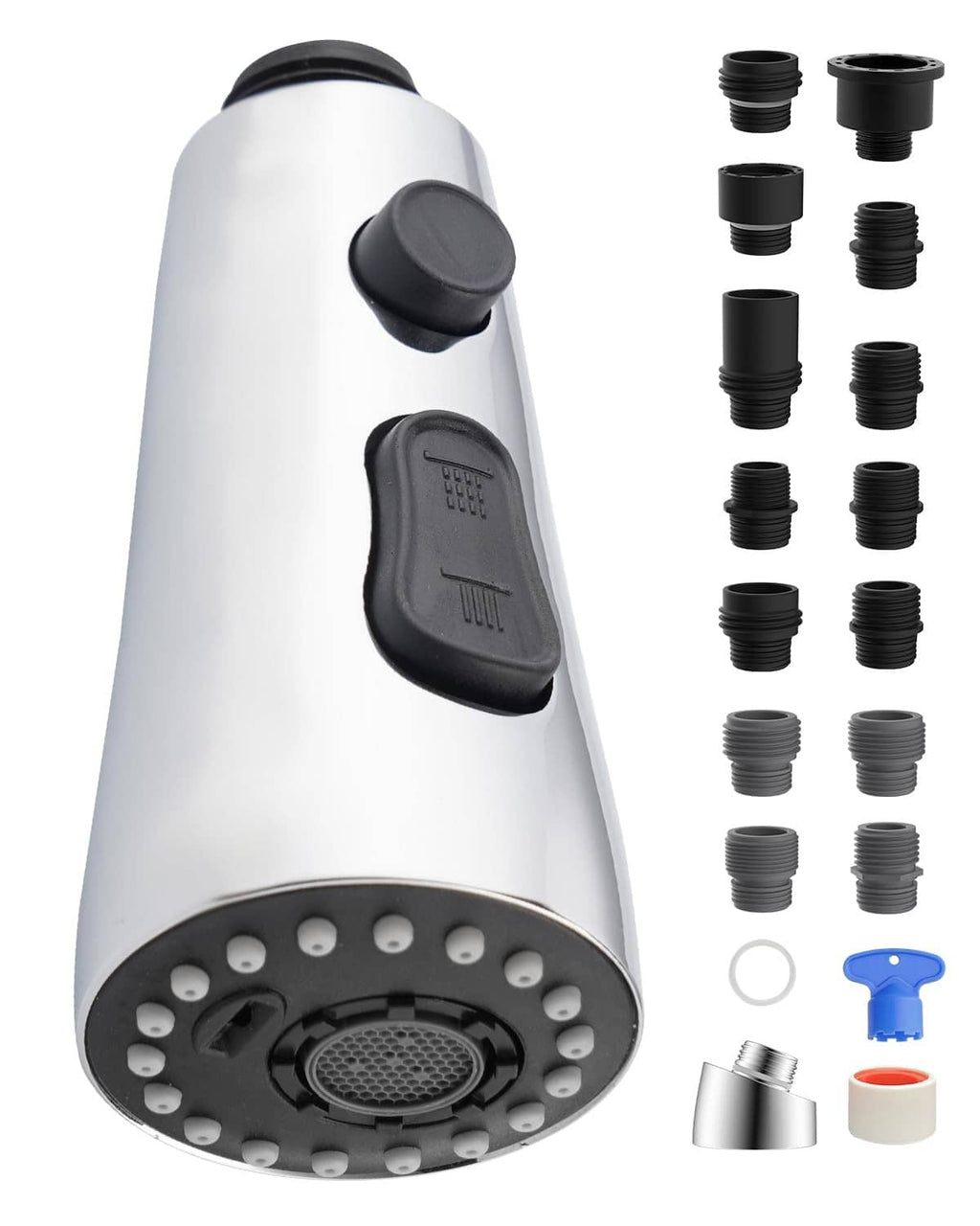 Stainless steel faucet head replacement with black mode buttons and spray nozzles