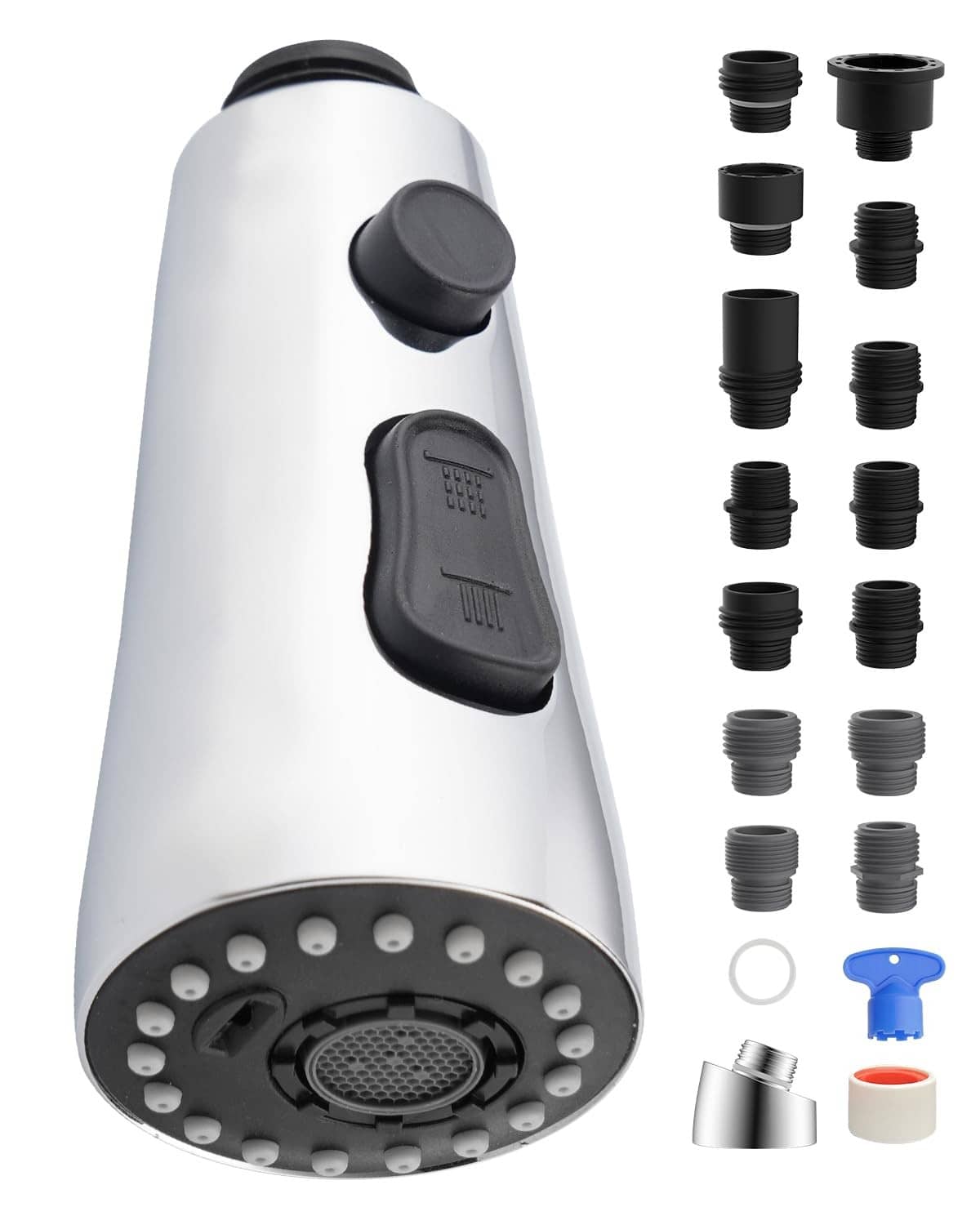 Stainless steel faucet head replacement with black mode buttons and spray nozzles
