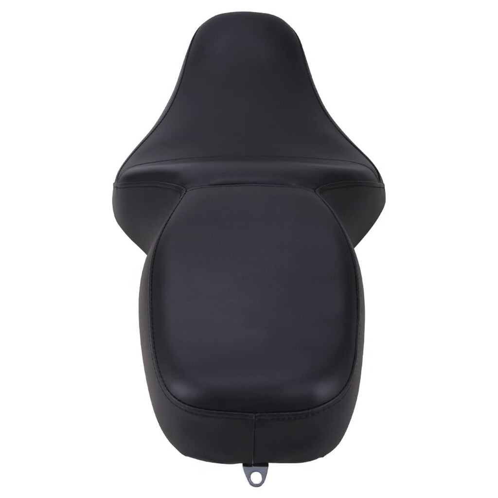 Black two-up motorcycle seat with contoured back and smooth leather-look panels