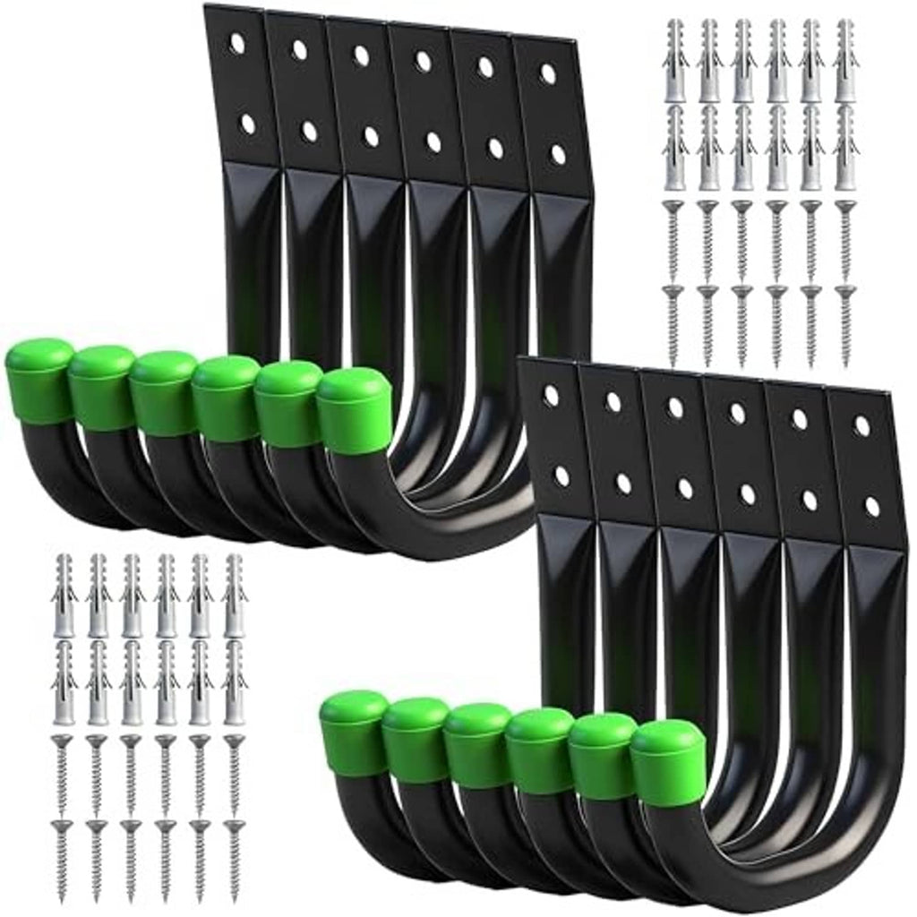 Two black utility hook sets with green tips, screw hardware, and perforated mounting plates