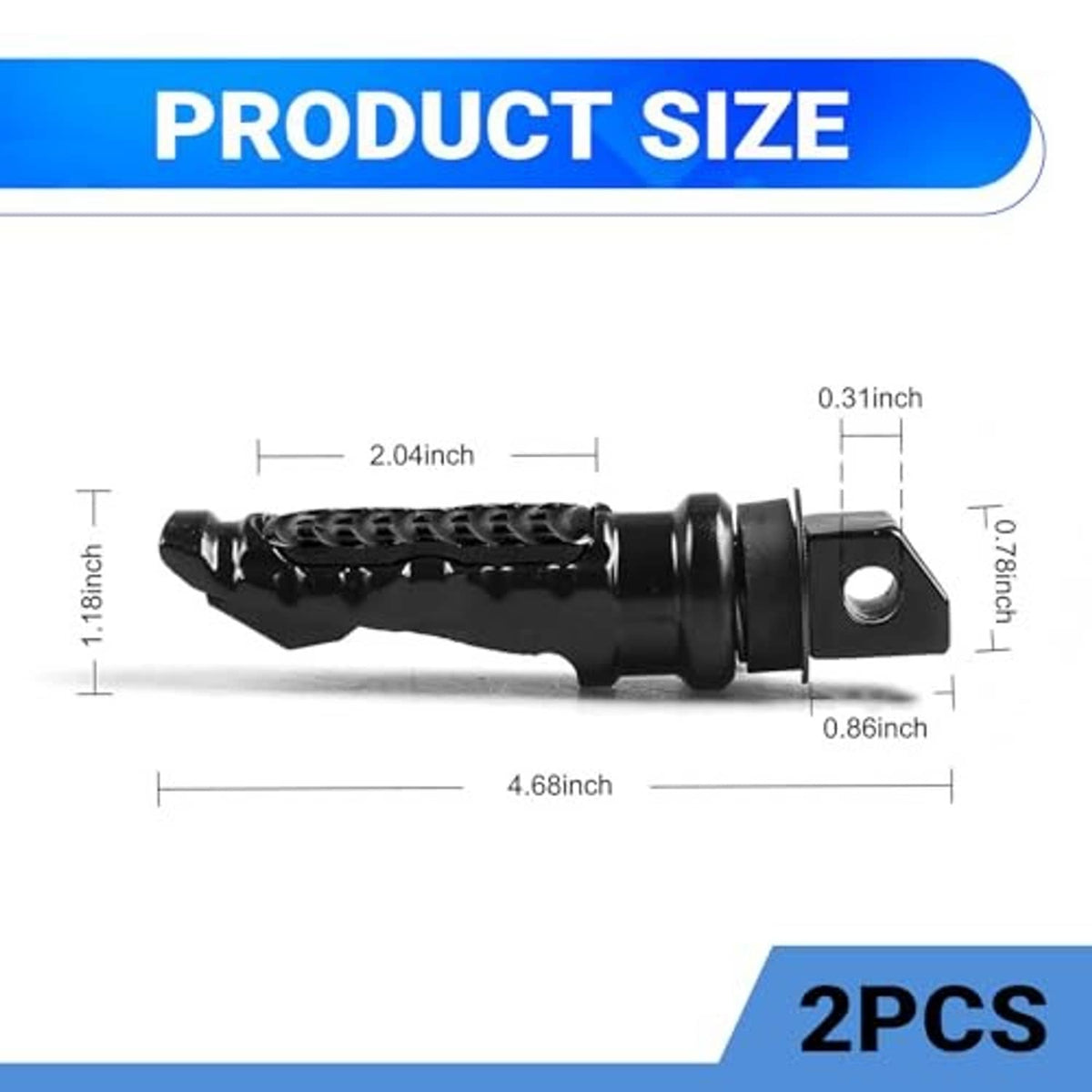 Black motorcycle footpeg with measurement markings and mounting hole