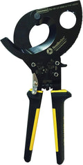 Ratcheting cable cutter tool with round cutter head, black and yellow handles