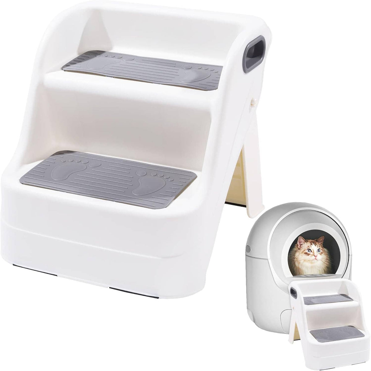 White folding cat litter box ramp with two gray non-slip step plates