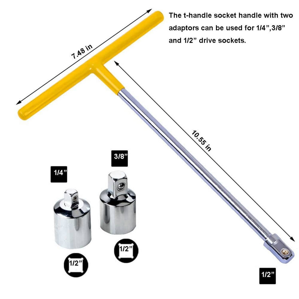T-handle socket wrench with yellow handle and chrome bar, with three metal socket adapters