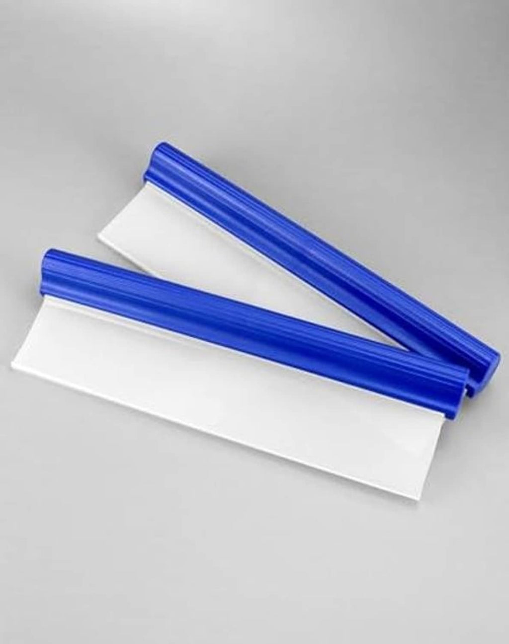 Two blue car squeegee tools with white blades for window water scraping