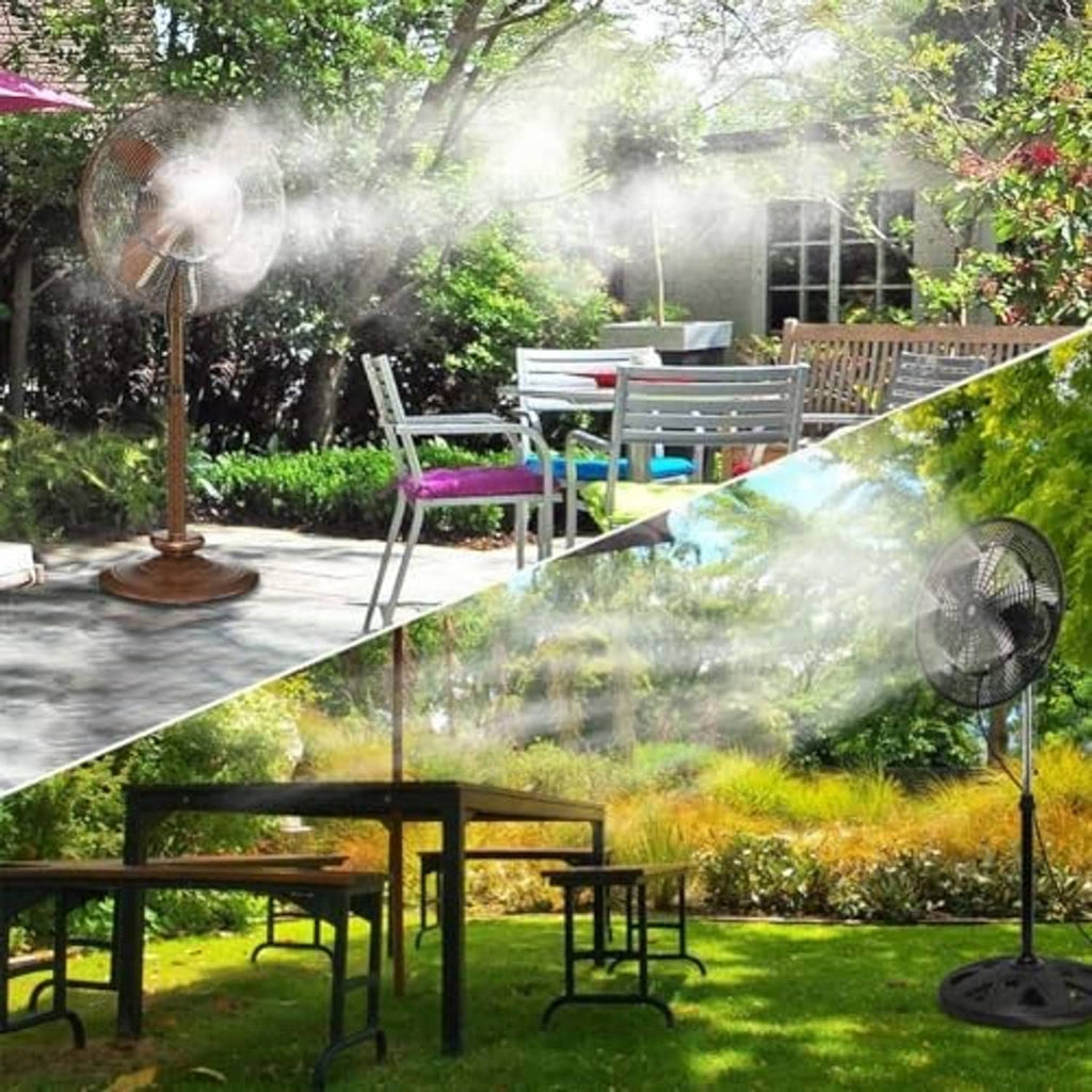 Outdoor misting fan kit projecting mist line across a backyard patio area