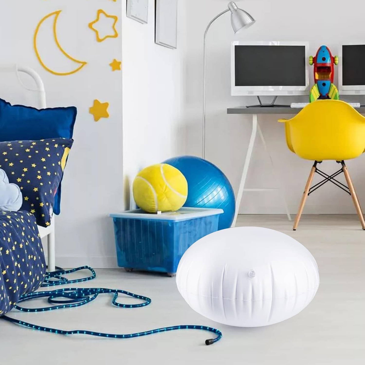 White oval inflatable pod chair cushion with centered valve and stitched seams