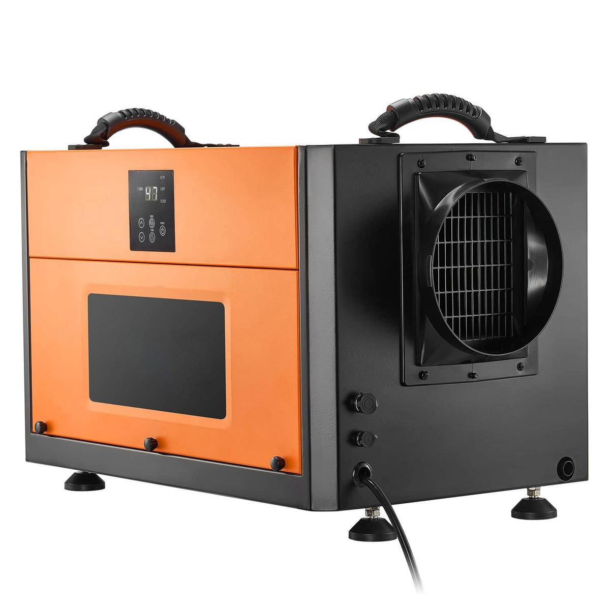 Orange-and-black commercial dehumidifier with front vent grille, display panel, and hose