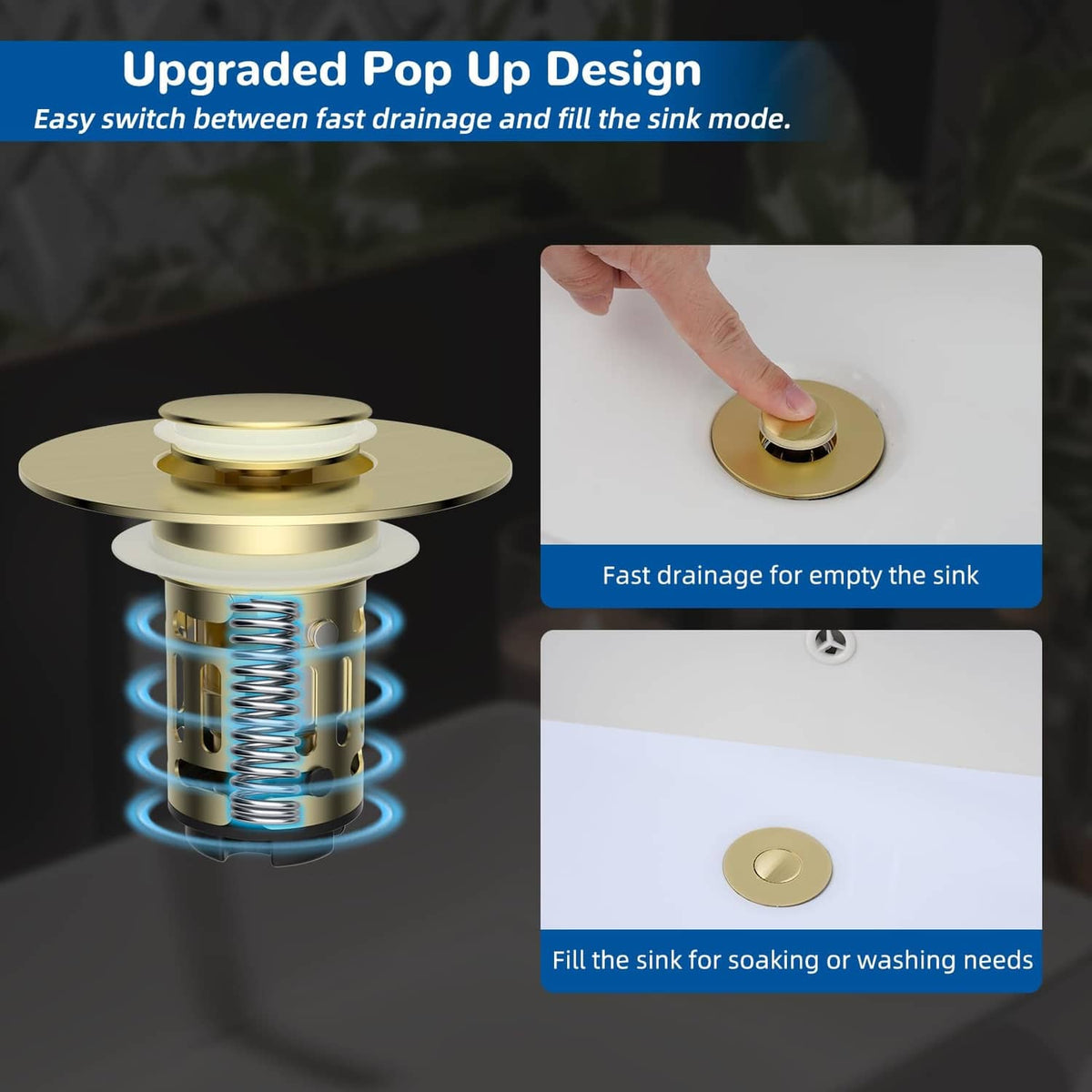 Brushed gold upgraded pop-up drain stopper with spring mechanism under the cover