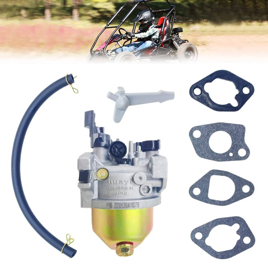 Go kart carburetor kit with fuel line, clamps, choke lever, and three gaskets