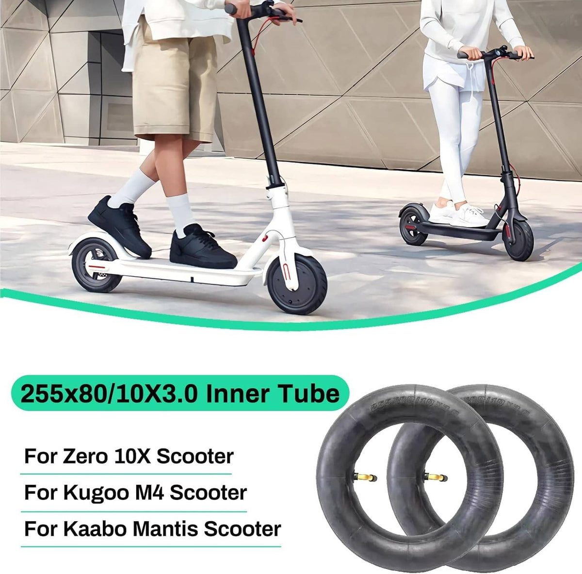 Black scooter inner tube pair for 10x3.0 tires, visible valve stems
