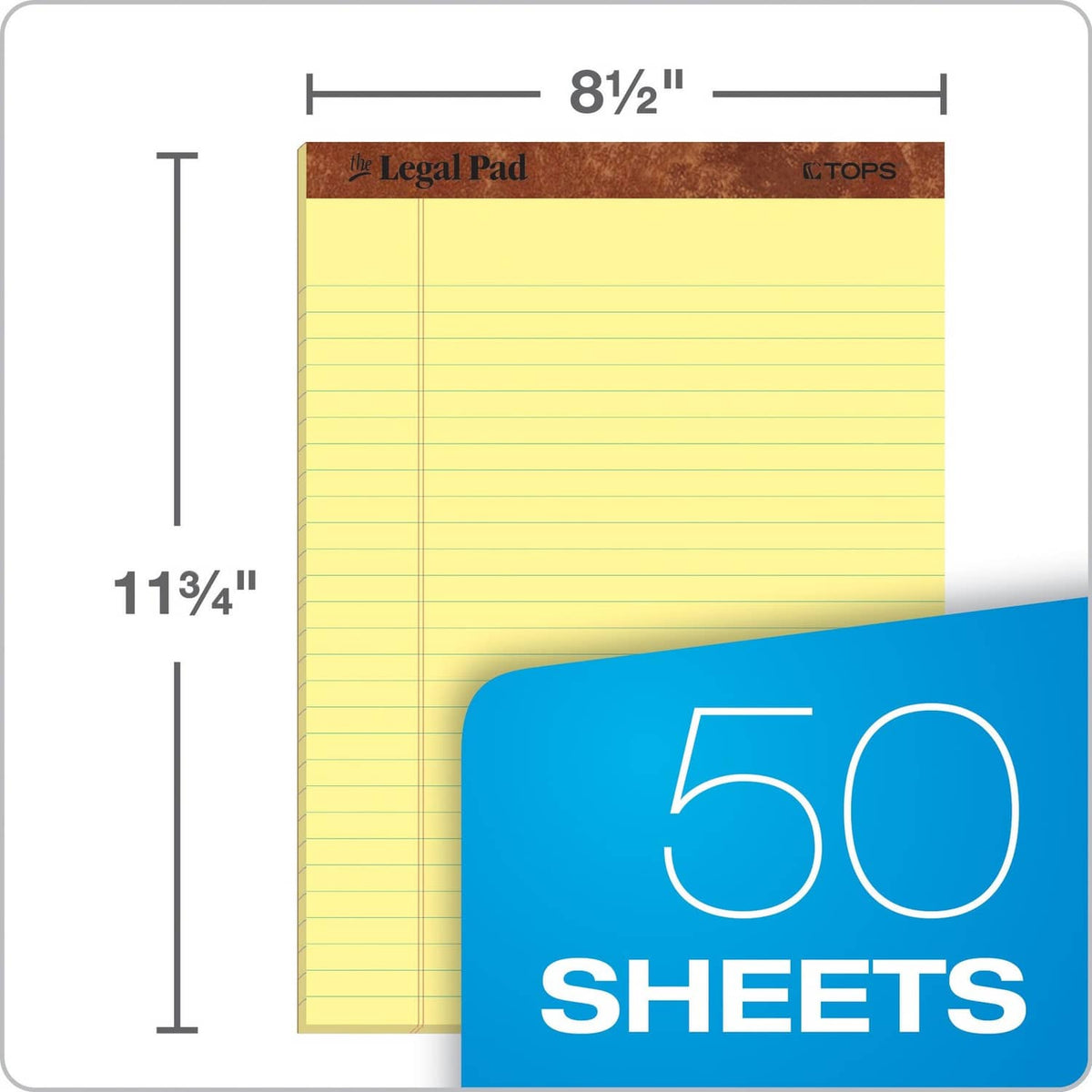 Yellow wide-ruled legal pad, 50 sheets, 8 1/2 in by 11 3/4 in