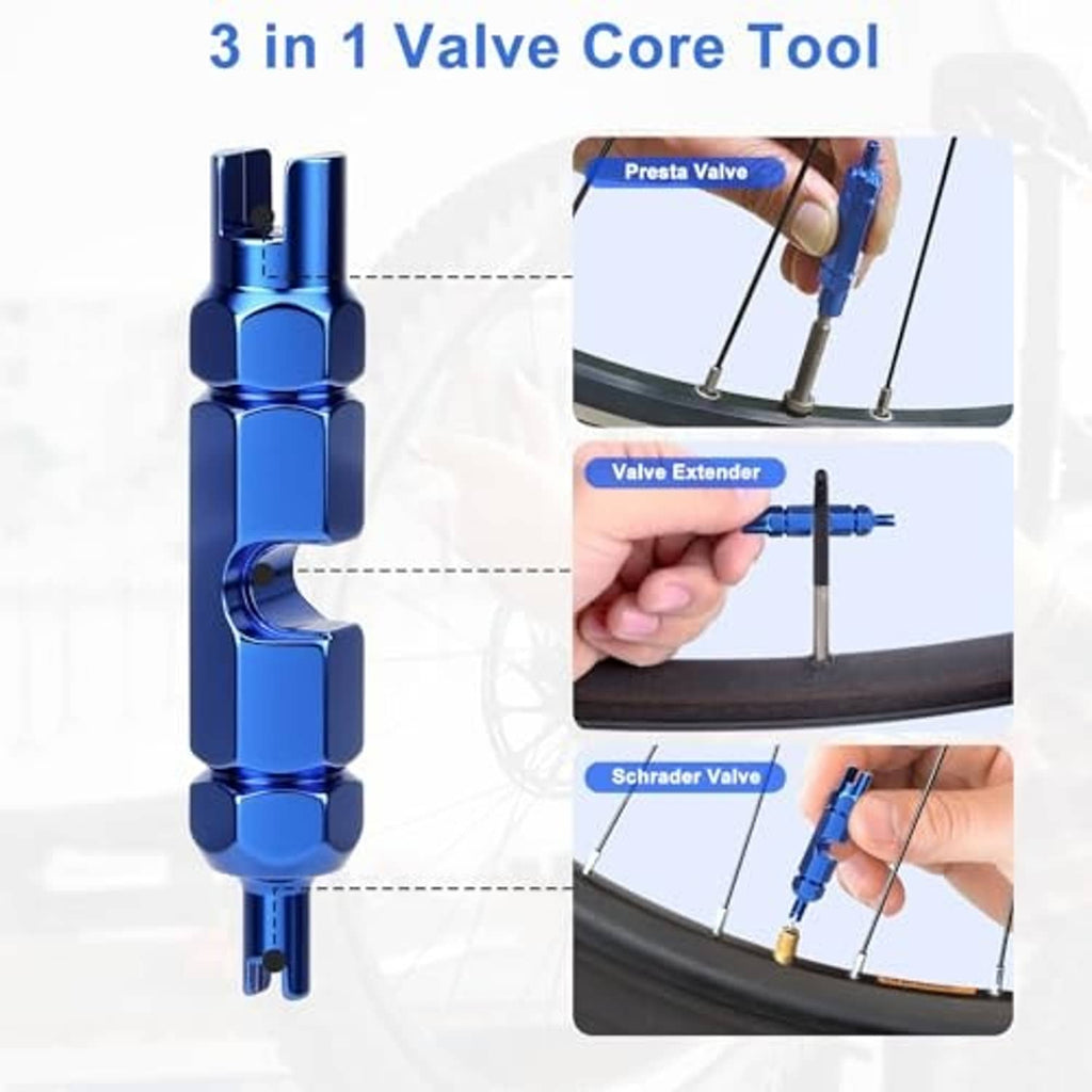 3-in-1 valve core tool with blue handle and removable extender for Presta and Schrader valves