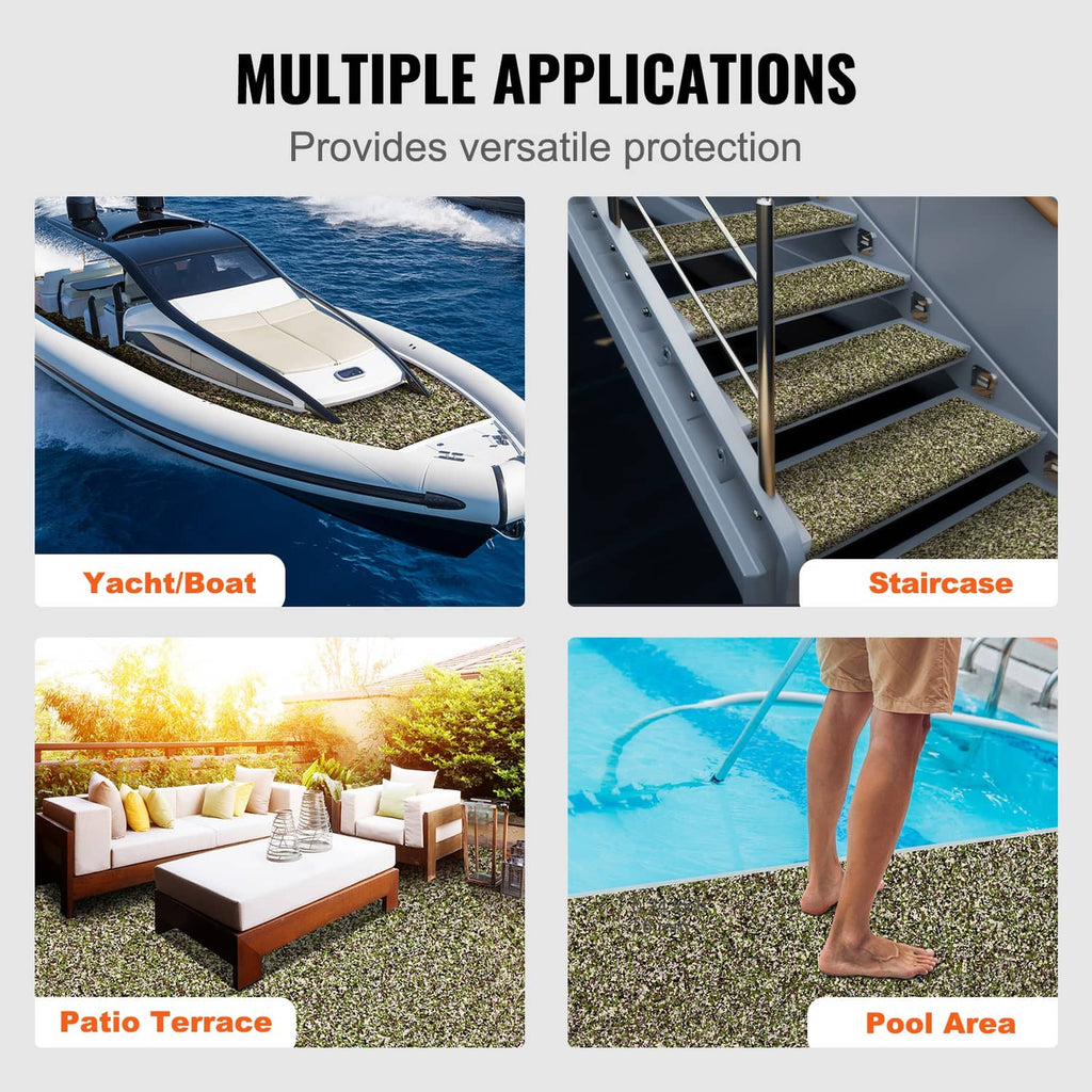 Green speckled EVA foam mat shown on boat surfaces, steps, patio, and pool area.