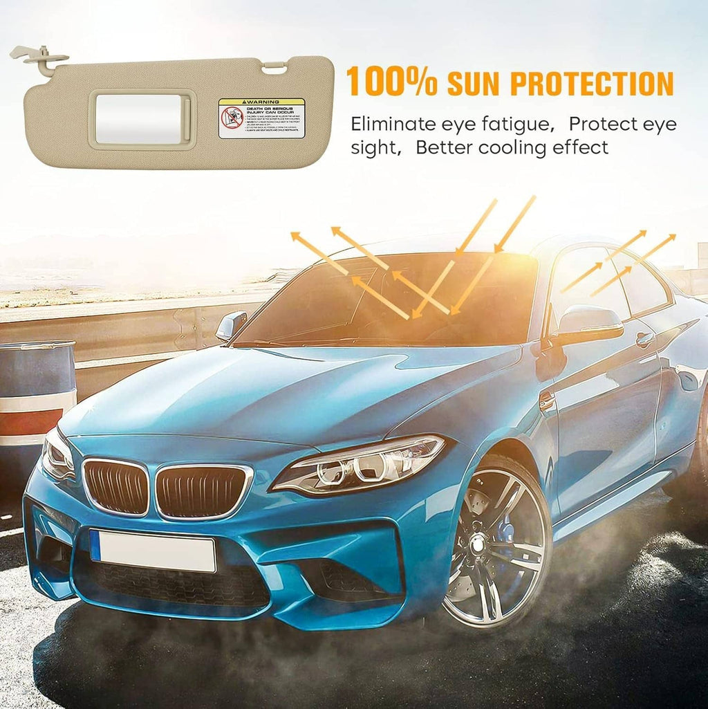 Beige sun visor with mirror window and warning label, mounted for sun protection