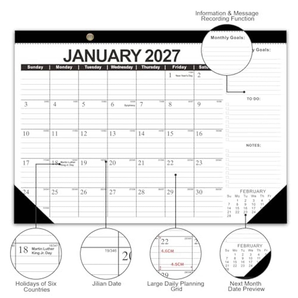 January 2027 desk calendar board with monthly grid and feature icons at bottom