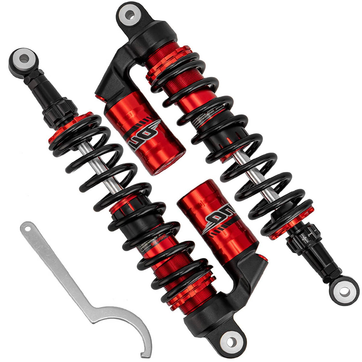 Pair of coil-over shocks with red reservoirs and black springs, with U-shaped wrench